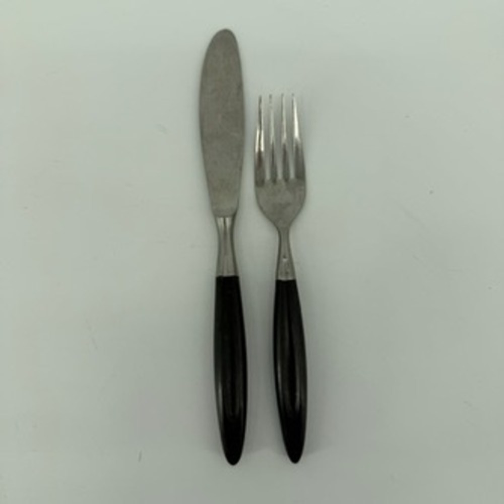 Vintage Formal Japan Stainless MCM Black Tapered Handle Knife and Fork Set 2pc